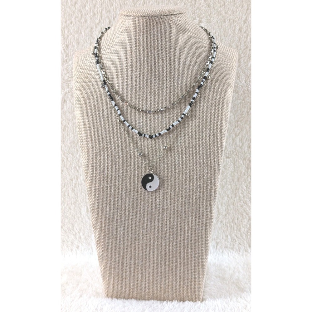 Layered Yin Yang Necklace – Black White Beaded Choker & Chain Set‎